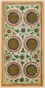 The Six of Coins, facsimile of a tarot card from the 